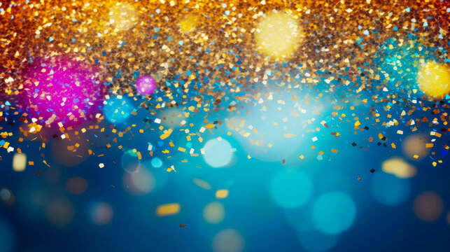 Glittering and Glowing Gold Texture with Colorful Bokeh on blue background AI Generative