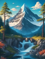 waterfall, mountains, hills, trees landscape generated ai