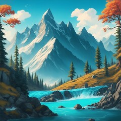 mountain river, hills, trees landscape generated ai