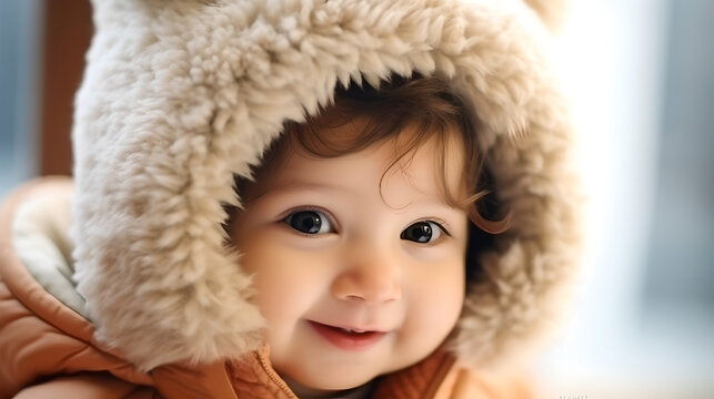 Portrait of cute baby little girl smiling in winter clothes. Cute little baby infant on bad looking with big eyes ready for winter vacation
