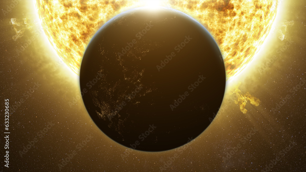 Poster A captivating motion graphic visuals of planet Earth passing the Sun causing an eclipse that partially obscuring the solar brilliance