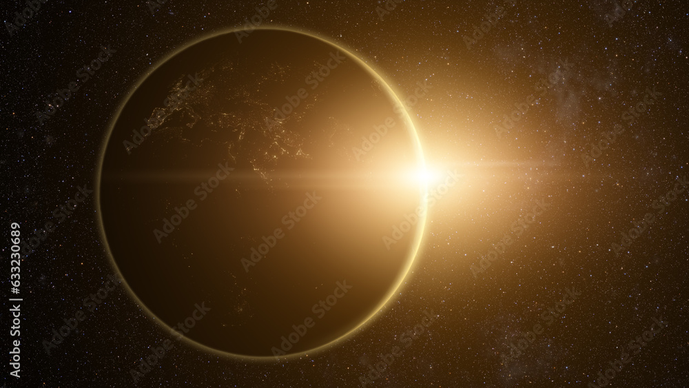Poster A captivating motion graphic visuals of planet Earth passing the Sun causing an eclipse that partially obscuring the solar brilliance