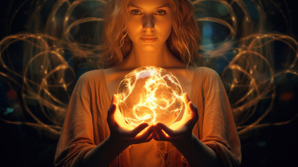 Concept of magical power. magic in hands. ball of light in the hands of the girl. flash of light on dark background