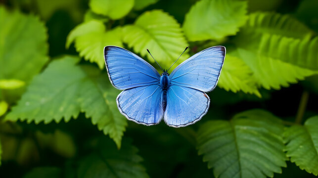 Close up of beautiful blue butterfly rhombus shaped wings pollinating on flower