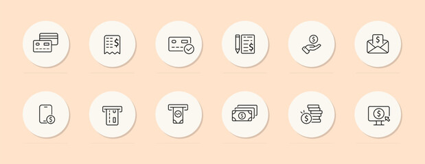 Online payment line icon. Credit card, post office, smartphone, check, ATM. Pastel color background. Vector line icon for business