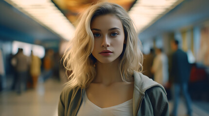 Obraz na płótnie Canvas Portrait of beautiful woman model on subway station waiting for train. Young woman with blond haired looking at camera with blurred subway station background