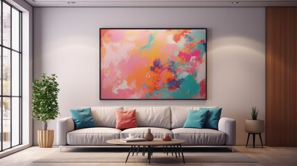 Minimalist clean sofa, with randon rgb pattern wall background, sofa interior design,