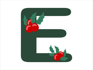 Christmas Holly Leaves and Berries Alphabet Letter E Illustration