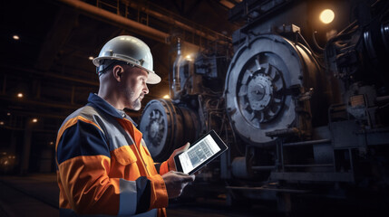 Manager Technical Industrial Engineer working and control robotics with monitoring system software and icon industry network connection on tablet. AI, Artificial Intelligence, Automation robot arm