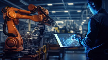 Manager Technical Industrial Engineer working and control robotics with monitoring system software and icon industry network connection on tablet. AI, Artificial Intelligence, Automation robot arm