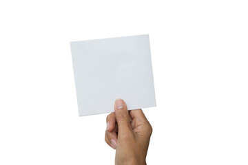 Fototapeta premium Note Paper Isolated on white background, hand Woman holding Blank Memo Post List Vintage Old Sheet Notebook Massage Letter Page Frame, Empty Notepad Card Tape Torn Ripped Business Space for Write Text