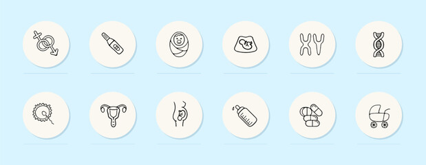 Motherhood line icon. Gender party, pregnancy, childbirth, womb, baby, pills, egg cell. Pastel color background. Vector line icon for business