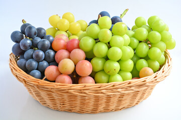 白背景とかごに盛られた色々な種類の大粒の葡萄