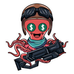 Cartoon mercenary pilot octopus character with aviator helmet. Illustration for fantasy, science fiction and adventure comics