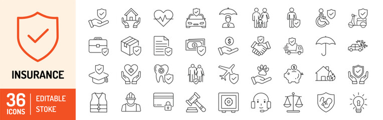 Insurance editable stroke outline Icons set. Health insurance, vehicle, life, medical, home, travel, accident and business. Vector illustration