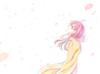 幸せそうに笑う女性　桜吹雪　横長