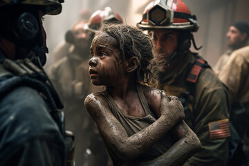 Fototapeta premium Rescuers help people who are in trouble. Lifeguards are brave. Rescue unit, emergency responders. Saving lives and health of people in crisis situations. Crash and emergency work. first aid.