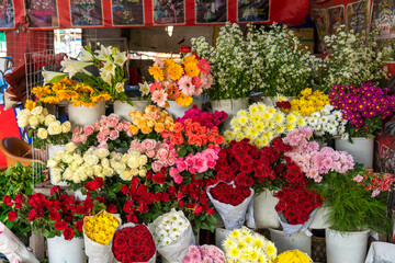 Mixed of summer flowers displayed in front of a flower shop, delicate white, pink and red roses and other decorative indoor plants