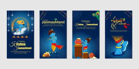 Obraz na płótnie Canvas Vector illustration of Happy Krishna Janmashtami social media feed set mockup template
