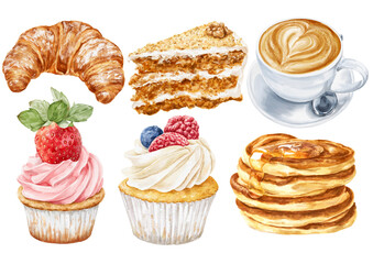 Set of cakes, coffee and croissant dessert food illustration.