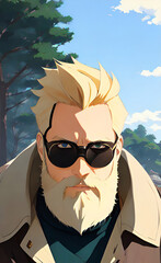 Anime man with beard and sunglasses. Anime male character with blonde hair and beard. Manga male in anime style. Generative Ai.