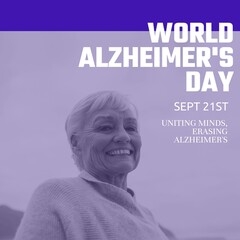 Composite of world alzheimer's day text over happy senior caucasian woman by seaside