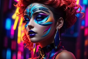 Naklejka na ściany i meble Neon Fantasy Fashion Model with Captivating Gaze