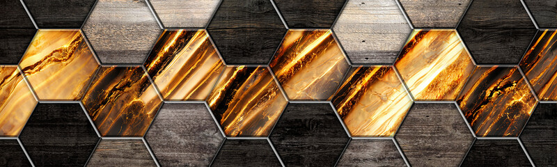 Hexagonal light and dark wood tiles with golden lava marbled tiles through the middle
