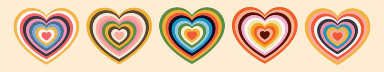 Tunnel of Concentric hearts in retro colors. Romantic cute background in pop art style