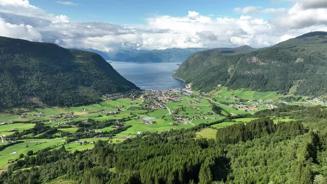 Vik Sogn Norway aerial - Upward moving aerial with slow tilt down
