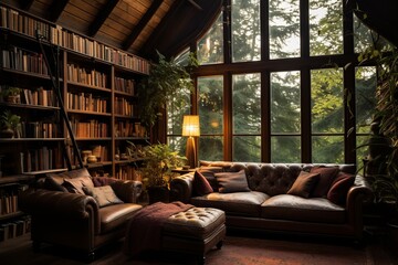 Villa With A Cozy Reading Nook Or Library, Generative AI