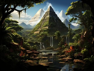 An ancient Mayan pyramid rising from the lush and dense rainforest generative ai - obrazy, fototapety, plakaty