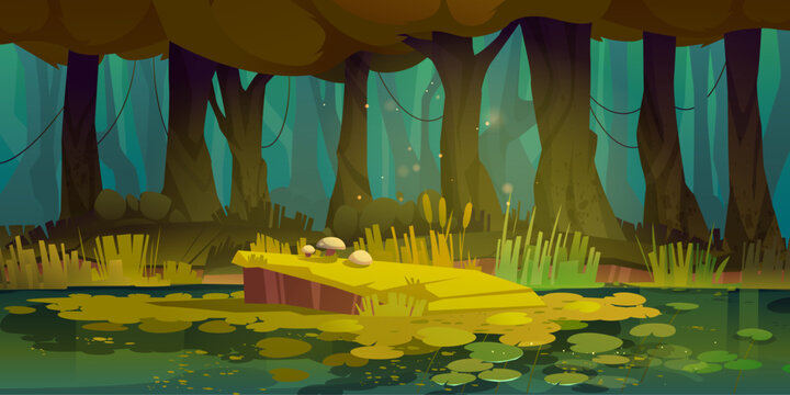 Forest swamp horizontal background - cartoon vector illustration of summer fantasy spooky landscape with trees, lake and water lilies. Jungle game scene of pond with green grass and plants.