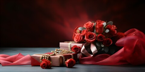 red rose flower and gift box with maroon background