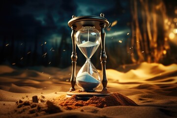 Mysterious ancient hourglass in the desert, counting down the remaining time
