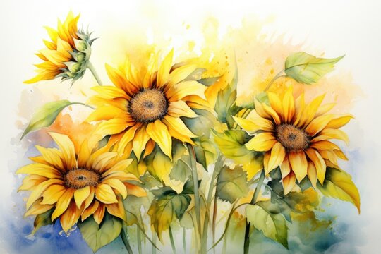 Bouquet of yellow sunflowers, watercolor painting