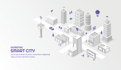 Modern Technology Service with Connected Smart Isometric City Background