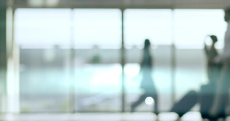 Travel, walking and blur of business people in airport for international trip, transport and departure. Corporate worker, airplane and silhouette of men and women with luggage in terminal for arrival - Powered by Adobe
