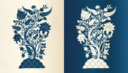 Mughal decorative ornamental blue tree. Indian intricate traditional mughal style with tree flowers and foliage.