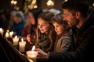 Obraz na płótnie Canvas Family Attending A Candlelight Service, Generative AI