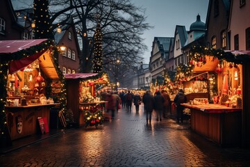 Fototapeta premium Festive Christmas Market With Colorful Decoration, Generative AI