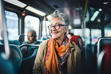 AI generated image of mature senior woman in the bus