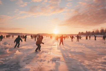 Fototapeta na wymiar Group Of People Ice Skating On A Frozen Lake, Generative AI 