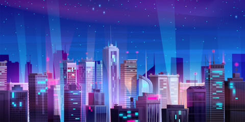 Night cityscape with skyscrapers and helicopter on roof. Vector cartoon illustration of modern city illumination, high-rise office or apartment buildings with many windows, stars shining in dark sky