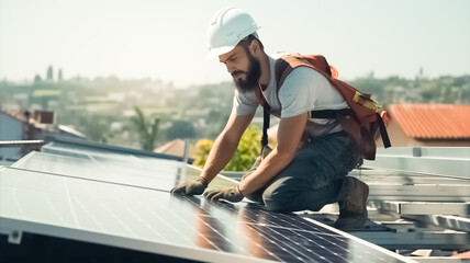 Fototapeta na wymiar Solar power engineer installing solar panels, on the roof, electrical technician at work. 