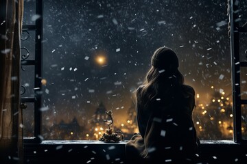  Person Sitting By The Window And Admiring Snow Falls, Generative AI