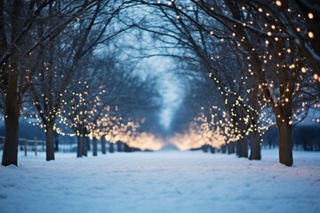Snowy Winter Landscape With Twinkling Lights, Generative AI