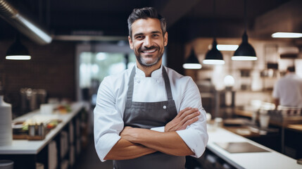 Small business concept. Mature handsome man cafe owner standing in front of his kitchen