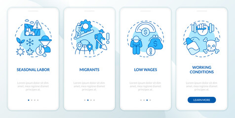 Labour issues in agriculture blue onboarding mobile app screen. Farm industry walkthrough 4 steps editable graphic instructions with linear concepts. GUI template. Myriad Pro-Bold, Regular fonts used