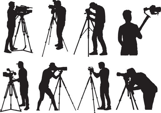 Photography Icons: Set of Silhouettes Featuring Cameramen and Video Cameras, Camera Crew Silhouettes: Collection of Still Photographers and Videographers